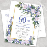 Blue White Gold Floral 90th Birthday Party Uitnodiging Briefkaart<br><div class="desc">Eer een speciale vrouw met deze elegante en vrouwelijke 90th Birthday party uitnodiging. De 90ste is geschreven in grote blauwe tekst. De viering van de verjaardag volgt. De naam van de geëerde gast staat ook in blauwe hoofdletters. De rest van de tekst is zachte duif grijs. De verjaardagsfeestdetails zijn omringd...</div>