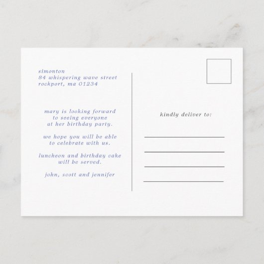 Blue White Gold Floral 90th Birthday Party Uitnodiging Briefkaart (Achterkant)