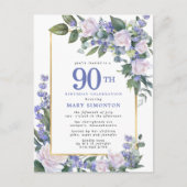 Blue White Gold Floral 90th Birthday Party Uitnodiging Briefkaart (Voorkant)