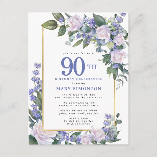 Blue White Gold Floral 90th Birthday Party Uitnodiging Briefkaart (Voorkant)