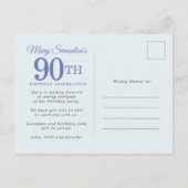 Blue White Gold Floral 90th Birthday Party Uitnodiging Briefkaart (Achterkant)