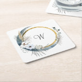 Blue White Gold Floral Monogram Boho Wedding Kartonnen Onderzetters (Schuin)
