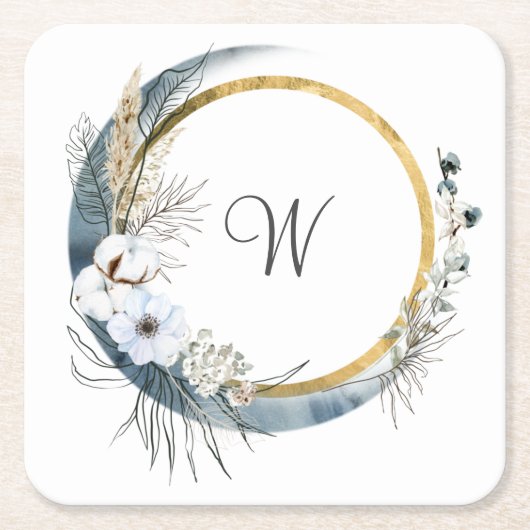 Blue White Gold Floral Monogram Boho Wedding Kartonnen Onderzetters (Voorkant)