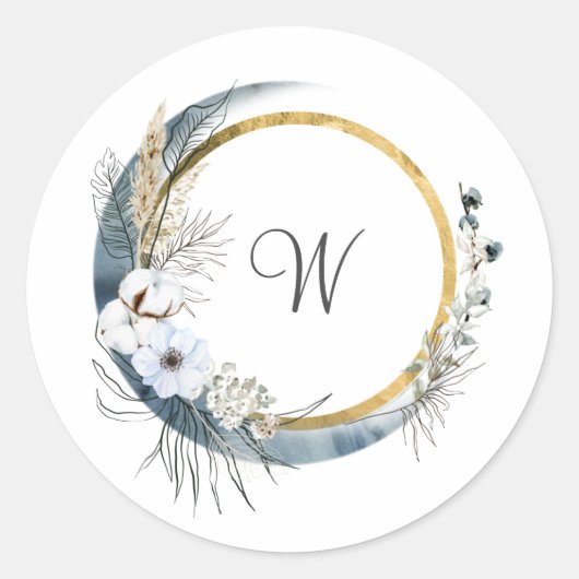 Blue White Gold Floral Monogram Boho Wedding Ronde Sticker (Voorkant)
