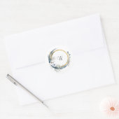 Blue White Gold Floral Monogram Boho Wedding Ronde Sticker (Envelop)
