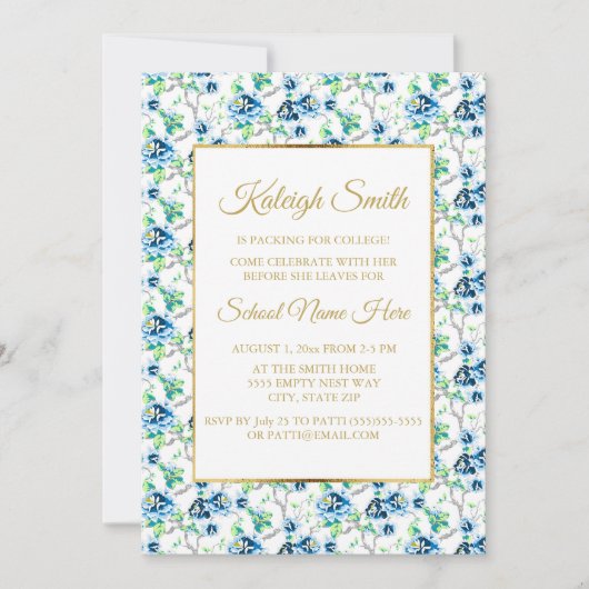 Blue White Gold Floral Trunk Party Invite Kaart (Voorkant)