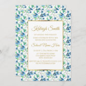 Blue White Gold Floral Trunk Party Invite Kaart (Voorkant / Achterkant)