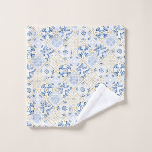 Blue White Gold Geometric Tile Chinoiserie Bad Handdoek (Wasdoekje)