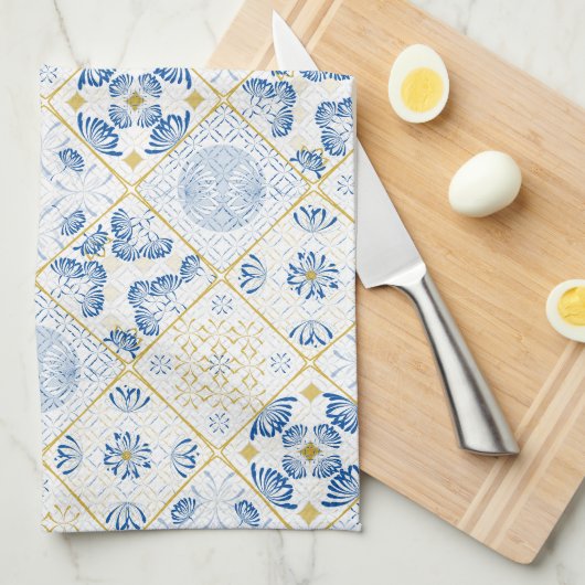 Blue White Gold Geometric Tile Chinoiserie Theedoek (Quarter Fold)