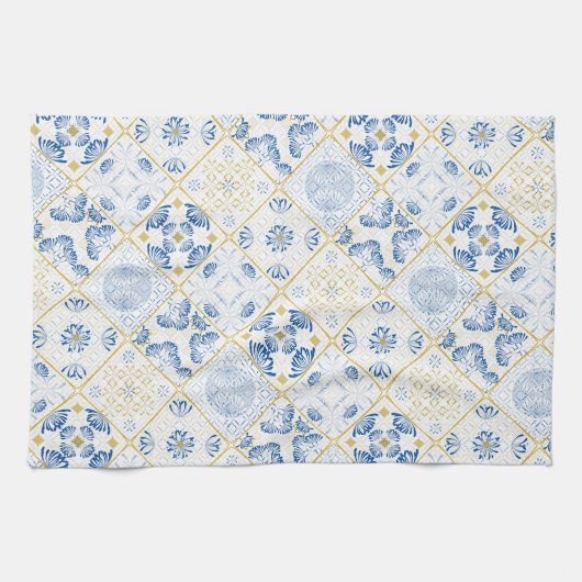 Blue White Gold Geometric Tile Chinoiserie Theedoek (Horizontaal)