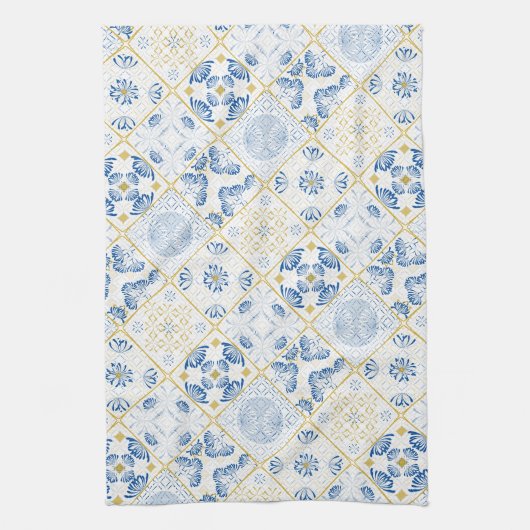 Blue White Gold Geometric Tile Chinoiserie Theedoek (Verticaal)