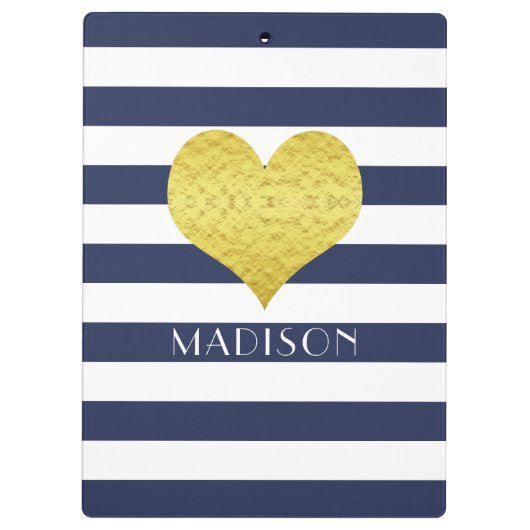 Blue White Gold Heart Pattern Jouw naam Klembord (Achterkant)