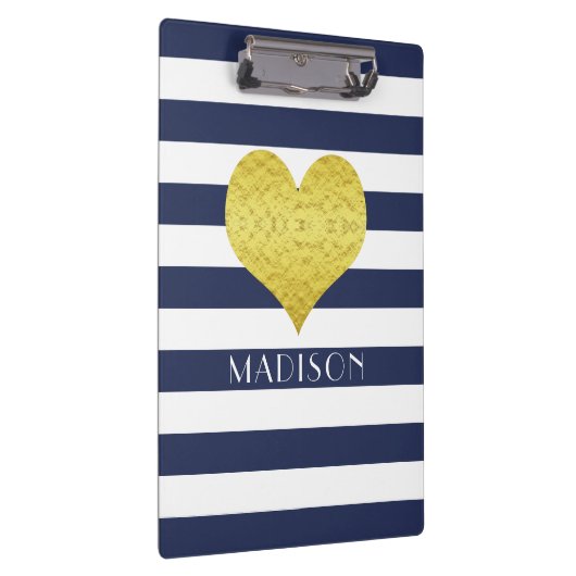 Blue White Gold Heart Pattern Jouw naam Klembord (Rechts)