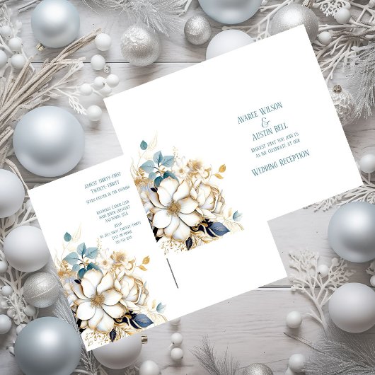 Blue White Gold Magnolia On White Wedding Briefkaart