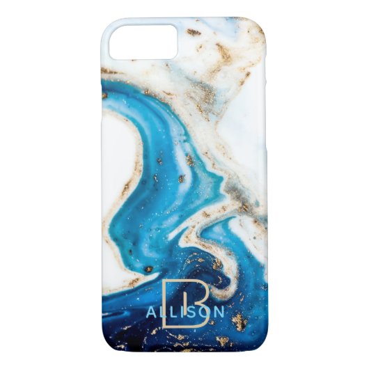 Blue White Gold Marble Abstract Art Monogram Case-Mate iPhone Case (Achterkant)