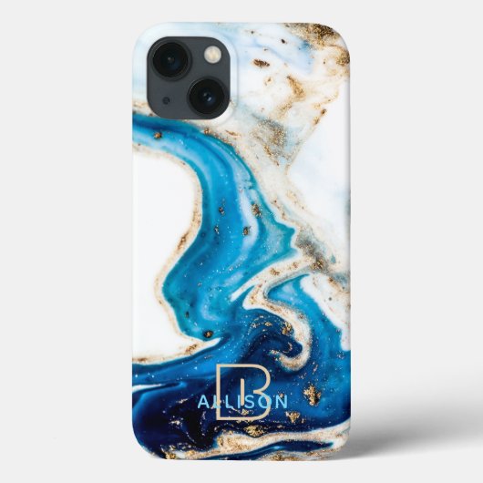 Blue White Gold Marble Abstract Art Monogram Case-Mate iPhone Case (Achterkant)