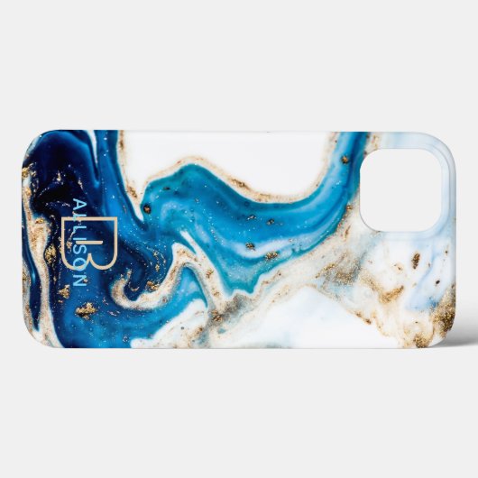 Blue White Gold Marble Abstract Art Monogram Case-Mate iPhone Case (Achterkant (horizontaal))