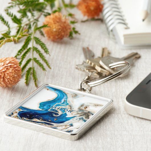 Blue White Gold Marble Abstract Art Monogram Sleutelhanger (Zijkant)
