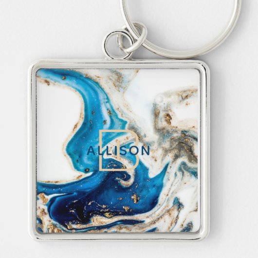 Blue White Gold Marble Abstract Art Monogram Sleutelhanger (Voorkant)
