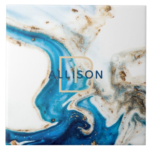 Blue White Gold Marble Abstract Art Monogram Tegeltje (Voorkant)