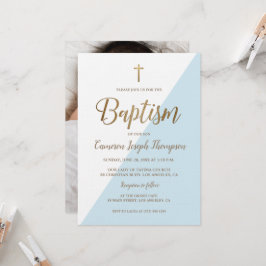 Blue White Gold Modern Baby Boy Foto Baptisme Kaart