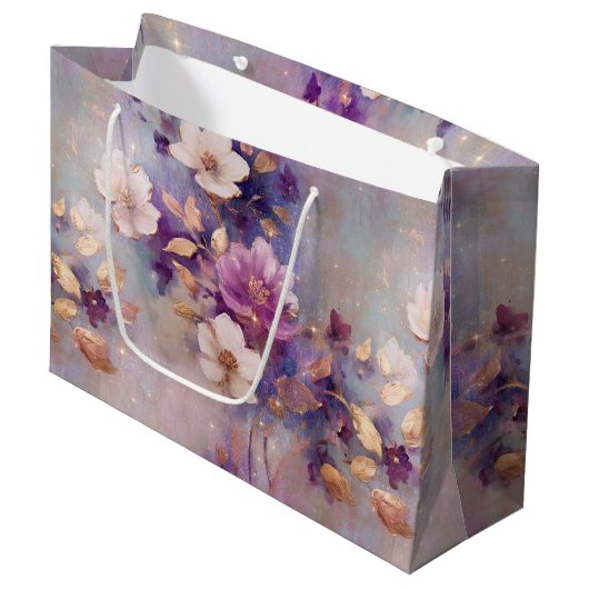 Blue White Gold Purple Floral Birthday Groot Cadeauzakje (Voorkant Gekanteld)
