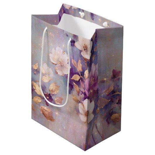 Blue White Gold Purple Floral Birthday Medium Cadeauzakje (Voorkant Gekanteld)
