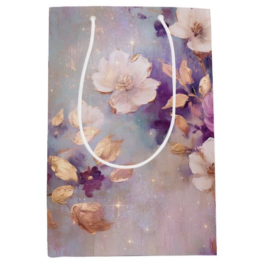 Blue White Gold Purple Floral Birthday Medium Cadeauzakje (Voorkant)