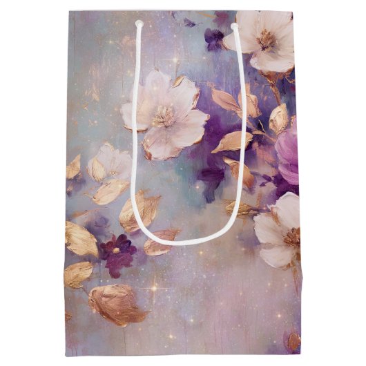 Blue White Gold Purple Floral Birthday Medium Cadeauzakje (Achterkant)