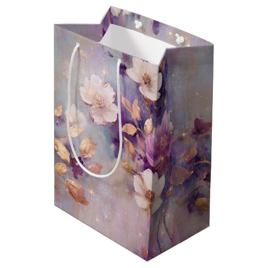 Blue White Gold Purple Floral Birthday Medium Cadeauzakje (Achterkant Gekanteld)