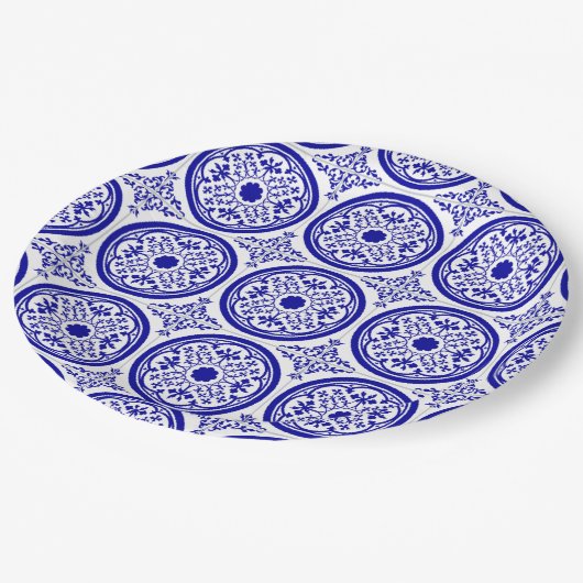 Blue White gothic Tile Pattern Papieren Bordje (Gekanteld)