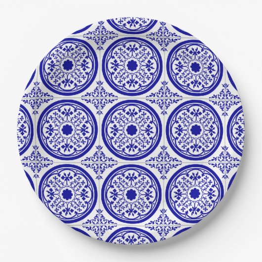 Blue White gothic Tile Pattern Papieren Bordje (Voorkant)