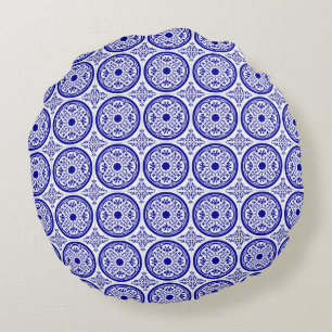 Blue White gothic Tile Pattern Rond Kussen