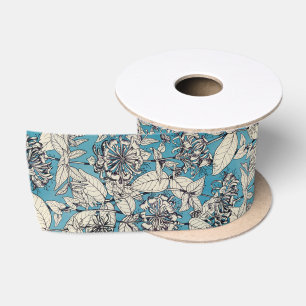 Blue White Graphic Flowers Patroon Satijnen Lint