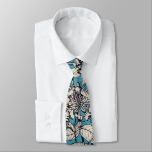 Blue White Graphic Flowers Patroon Stropdas