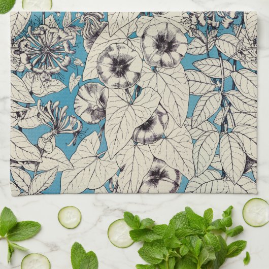 Blue White Graphic Flowers Patroon Theedoek (Gevouwen)