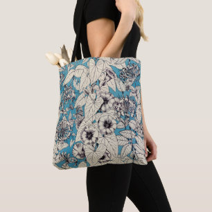 Blue White Graphic Flowers Patroon Tote Bag