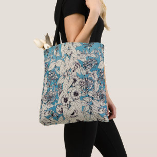 Blue White Graphic Flowers Patroon Tote Bag