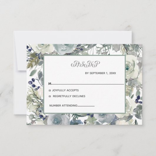 Blue White Green Floral Wedding RSVP-kaart RSVP Kaartje (Voorkant)