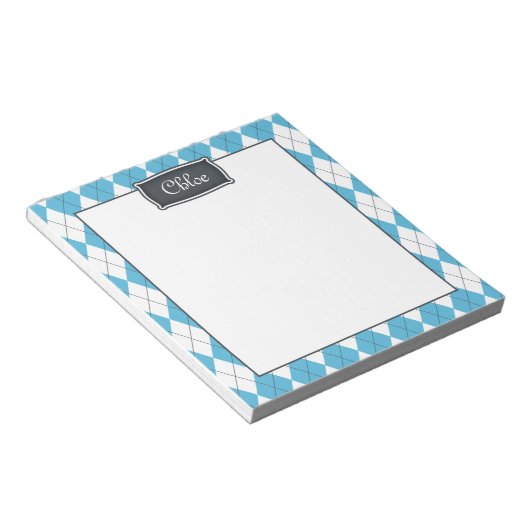 Blue White Grey Argyle met naam Notitieblok (Schuin)