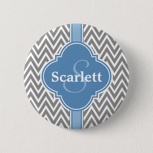 Blue White Grey Chevron Pattern en Monogram Ronde Button 5,7 Cm (Voorkant)