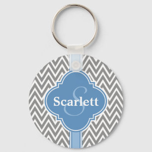 Blue White Grey Chevron Pattern en Monogram Sleutelhanger