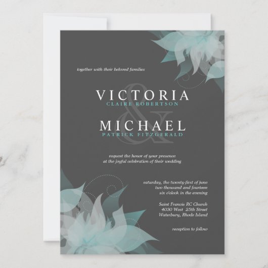 Blue White & Grey Floral Wedding Invitations Kaart (Voorkant)