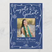 Blue White Hand Drawn Doodles Graduation 4 Photo Aankondiging (Voorkant)
