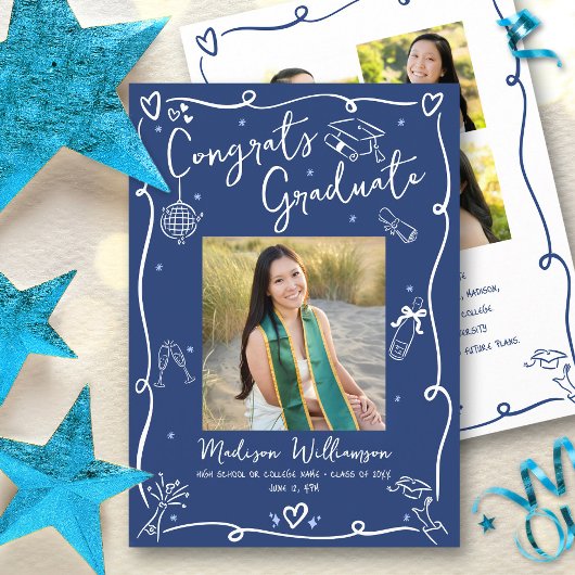 Blue White Hand Drawn Doodles Graduation 4 Photo Aankondiging