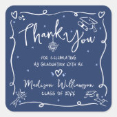 Blue White Hand Drawn Doodles Graduation Thank You Vierkante Sticker (Voorkant)