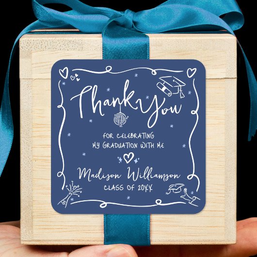 Blue White Hand Drawn Doodles Graduation Thank You Vierkante Sticker
