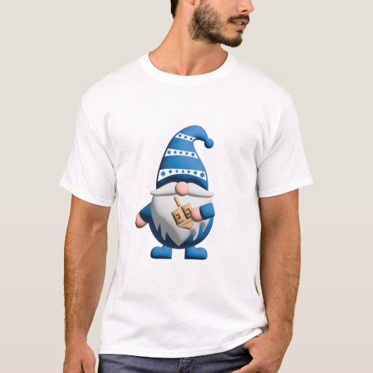 Blue White Hanukkah Gnome holding Dreidel T-shirt (Voorkant)