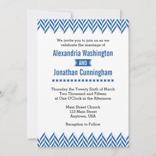 Blue White Herringbone Wedding Invitation Kaart (Voorkant)