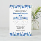 Blue White Herringbone Wedding Invitation Kaart (Staand voorkant)